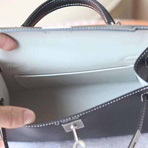 HERMES Mini Kelly ll 19CM Chever Leather Noir/Pearl Grey PHW