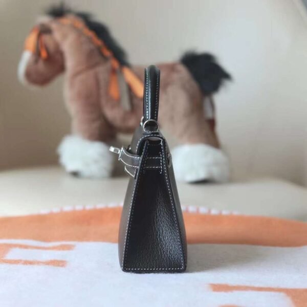 HERMES Mini Kelly ll 19CM Chever Leather Noir/Pearl Grey PHW