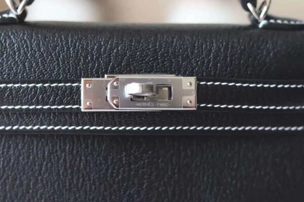 HERMES Mini Kelly ll 19CM Chever Leather Noir/Pearl Grey PHW