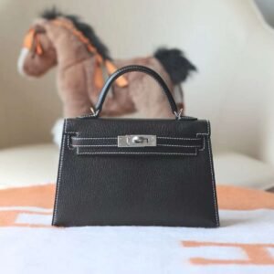 HERMES Mini Kelly ll 19CM Chever Leather Noir/Pearl Grey PHW