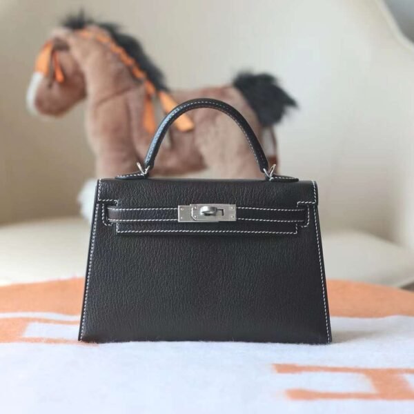 HERMES Mini Kelly ll 19CM Chever Leather Noir/Pearl Grey PHW