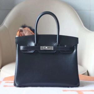 HERMES Birkin 30CM Box Leather Stamp W CK89 Noir Silver Hardware