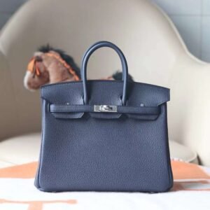 HERMES Birkin 25CM Togo Leather 2Z Blue Nuit Stamp B Silver Hardware