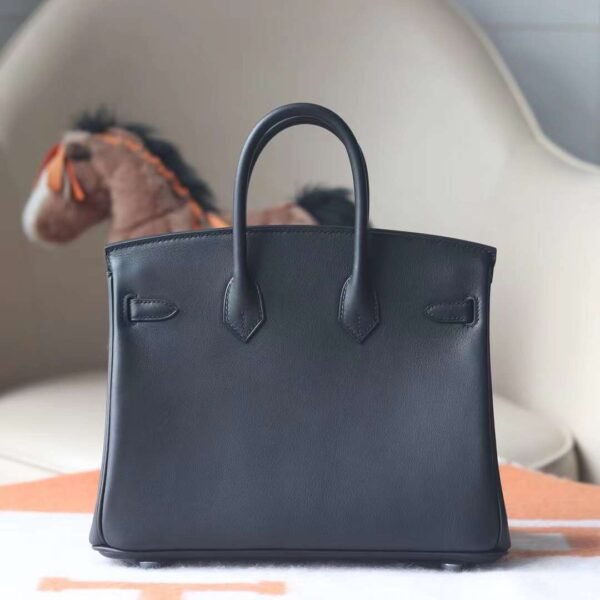 HERMES Birkin 25CM Swift Noir/Blue Paon Stamp A Silver Hardware