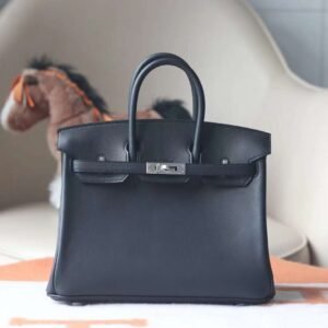 HERMES Birkin 25CM Swift Noir/Blue Paon Stamp A Silver Hardware