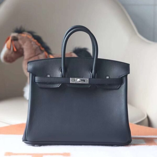 HERMES Birkin 25CM Swift Noir/Blue Paon Stamp A Silver Hardware