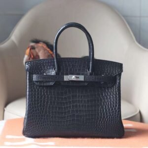 HERMES Birkin 30CM CK89 Noir Matter Crocodile Stamp U Silver Hardware