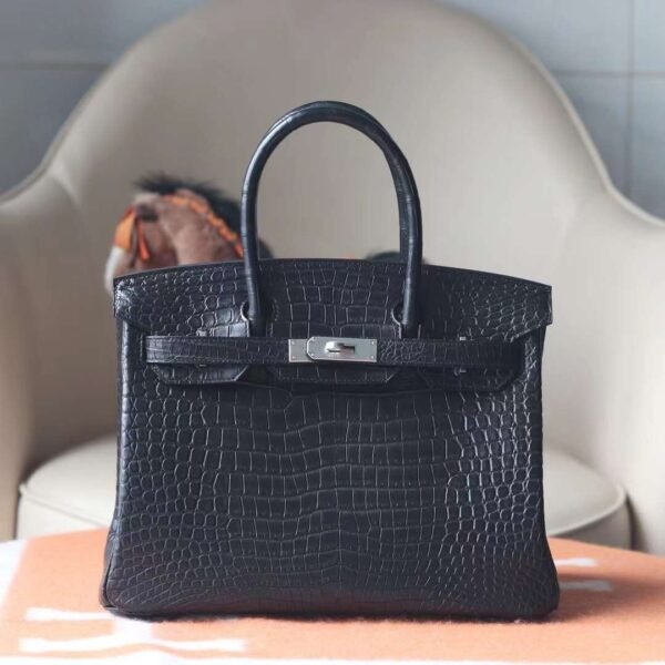HERMES Birkin 30CM CK89 Noir Matter Crocodile Stamp U Silver Hardware