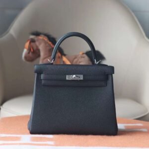 HERMES Kelly 25CM Togo Leather CK89 Noir Silver Hardware