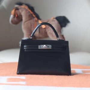 HERMES Mini Kelly Box Leather 89 Noir Silver Hardware
