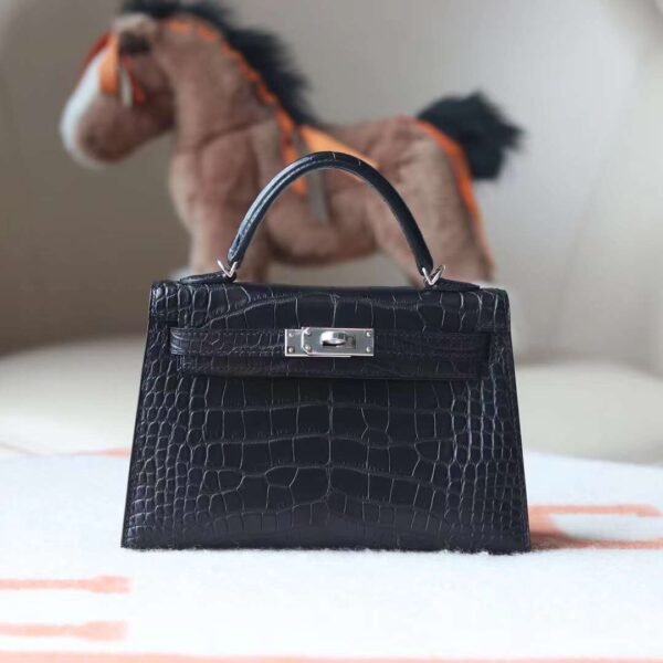 HERMES Mini Kelly ll 89 Black Matter Crocodile Silver Hardware