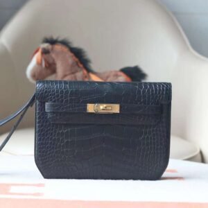 HERMES Kelly Depeches 25CM CK89 Noir Matter Crocodile Stamp W GHW