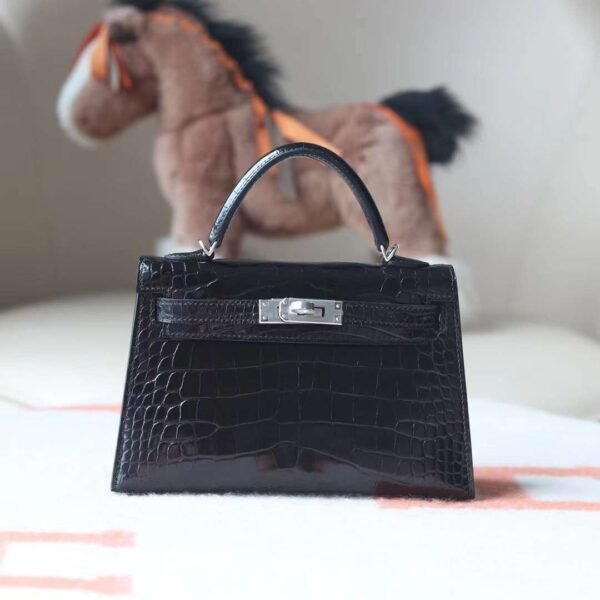 HERMES Mini Kelly ll 19CM CK89 Noir Shiny Crocodile PHW