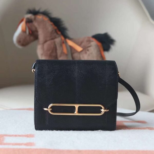 HERMES Roulis 19CM Lizard Leather Noir Stamp W GHW Hardware