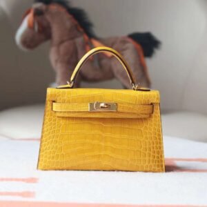 HERMES Mini Kelly ll 19CM Bag Shiny Crocodile 9D Ambre GHW Hardware