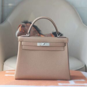 HERMES Kelly 28CM Bag 0M Chai Togo Leather PHW Hardware