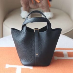 HERMES Picotin 18CM TC Leather Bag Noir Gold Hardware