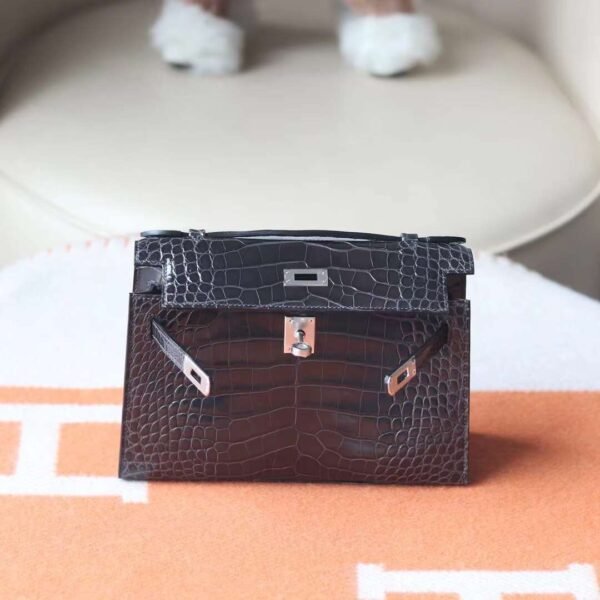 HERMES Kelly Pochette 22CM Shiny Crocodile 88 Graphite PHW