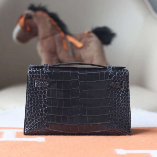 HERMES Kelly Pochette 22CM Shiny Crocodile 88 Graphite PHW