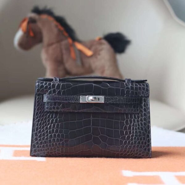 HERMES Kelly Pochette 22CM Shiny Crocodile 88 Graphite PHW