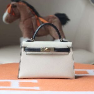HERMES Sellier Kelly 19CM Craie/Noir Epsom Leather Light Gold