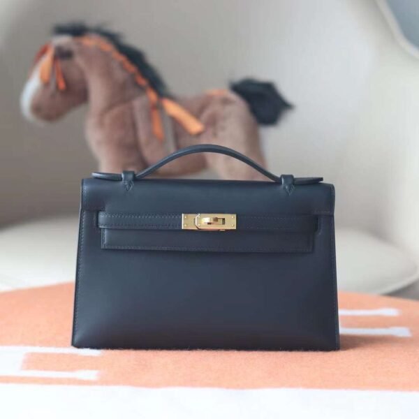 HERMES Kelly Pochette 22CM Noir Swift Leather GHW