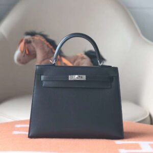 HERMES Kelly 25CM Selling Box 89 Noir Silver Hardware