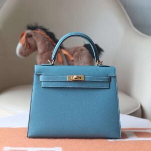 HERMES Kelly 25CM Bag D2 New Blue Jean Epsom GHW