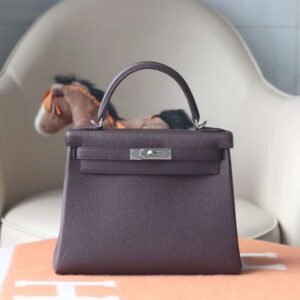 HERMES Kelly 28CM Togo Leather 0G Rouge Sellier Silver Hardware
