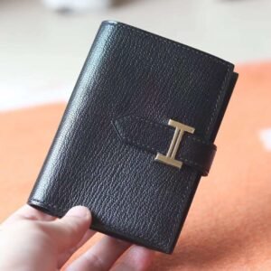 HERMES Bearn Wallet Chever Leather CK89 Noir Gold Hardware