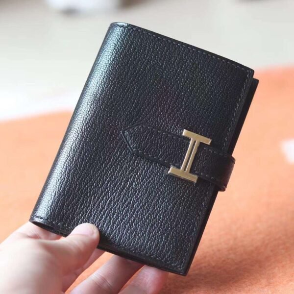 HERMES Bearn Wallet Chever Leather CK89 Noir Gold Hardware