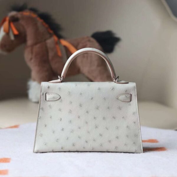 HERMES Mini Kelly Ostrich Leather 80 Pearl Grey PHW Hardware