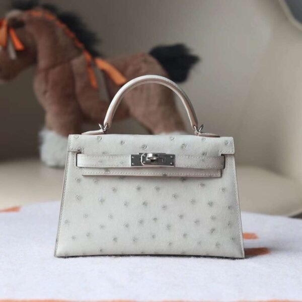 HERMES Mini Kelly Ostrich Leather 80 Pearl Grey PHW Hardware
