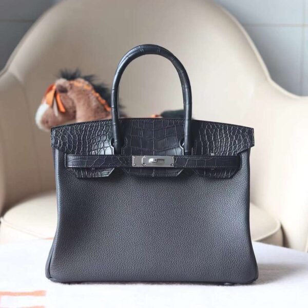 HERMES Birkin Touch 30CM Togo/Matter Crocodile Leather CK89 Noir PHW Hardware