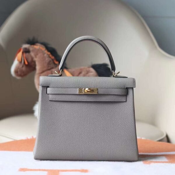 HERMES Kelly 25CM M8 Gris Asphalt Togo Leather Lnseam GHW Handmade Hardware